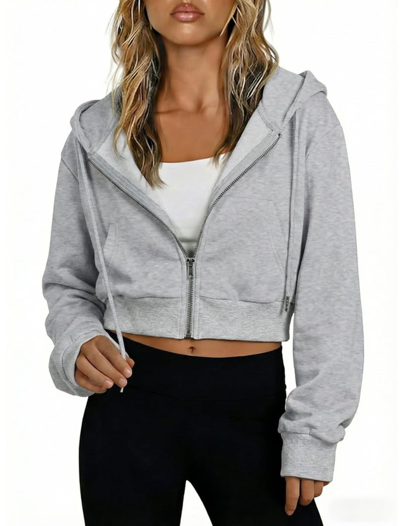 Hooever Womens Cute Workout Cropped Zip Up Drawstring Hoodie Sweatshirt Jacket (Grey, S) - Image 1